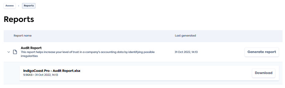 A screenshot of the reports page showing the Audit Report row with a sub-row showing a report that was generated